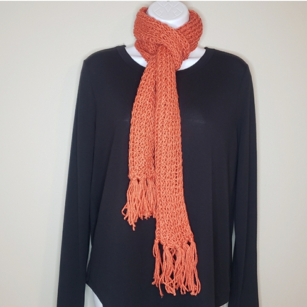 Handmade Orange Crochet Scarf with Fringe Edges